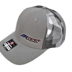 picture of boss table grey trucker hat with American flag writing on boss tables.