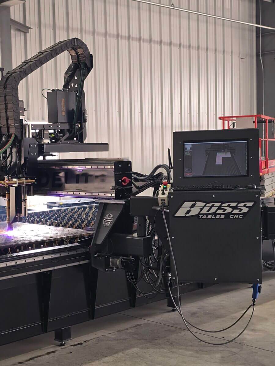 HD plasma table controls on a gantry mounted controller